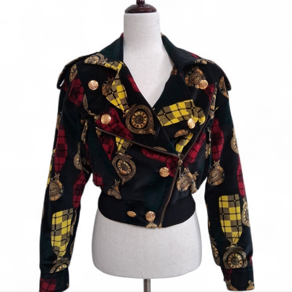 ESCADA Womens 1980-90s RARE clocks velvet vintage designer bomber Jacket $850